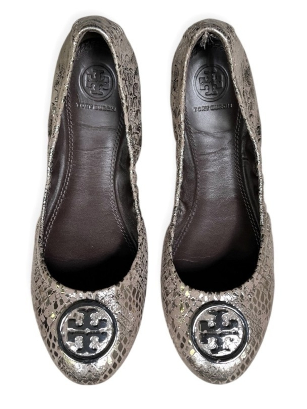 Tory Burch Metallic Snakeskin Logo heidi Ballet Flats 7.5